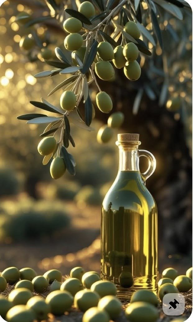 Zeytin ağacının altında cam şişede zeytinyağı ve yeşil zeytinler