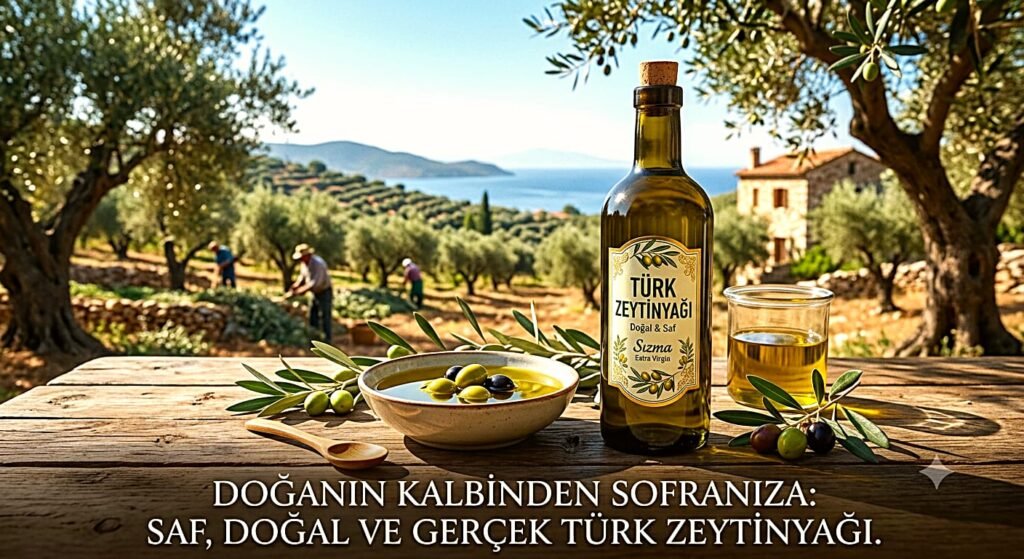 Anadolu’da zeytinlik manzarası önünde zeytinyağı şişesi, kâse ve zeytin dalları