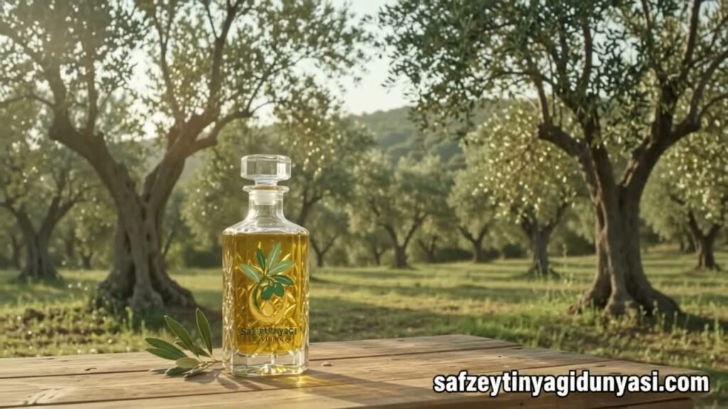 Zeytinlikte ahşap masa üzerinde Saf Zeytinyağı Dünyası şişesi