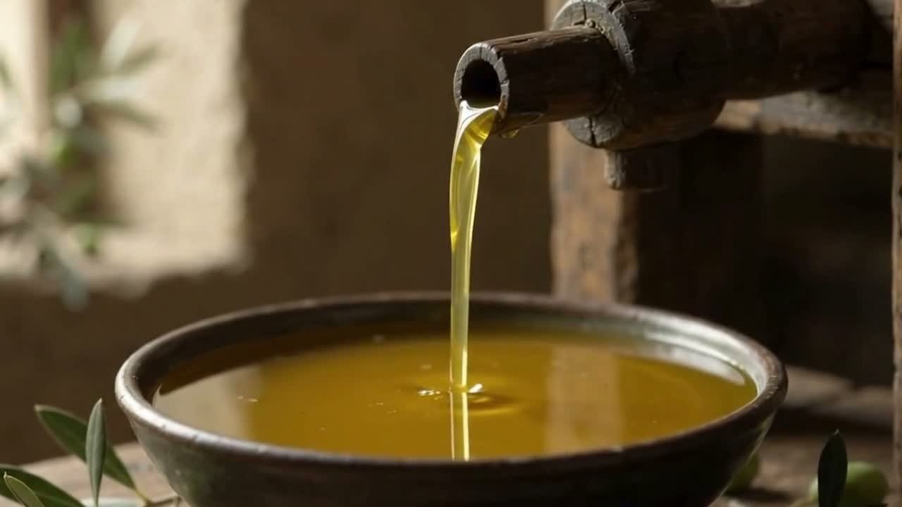 Değirmenden kaba akan altın renkli zeytinyağı